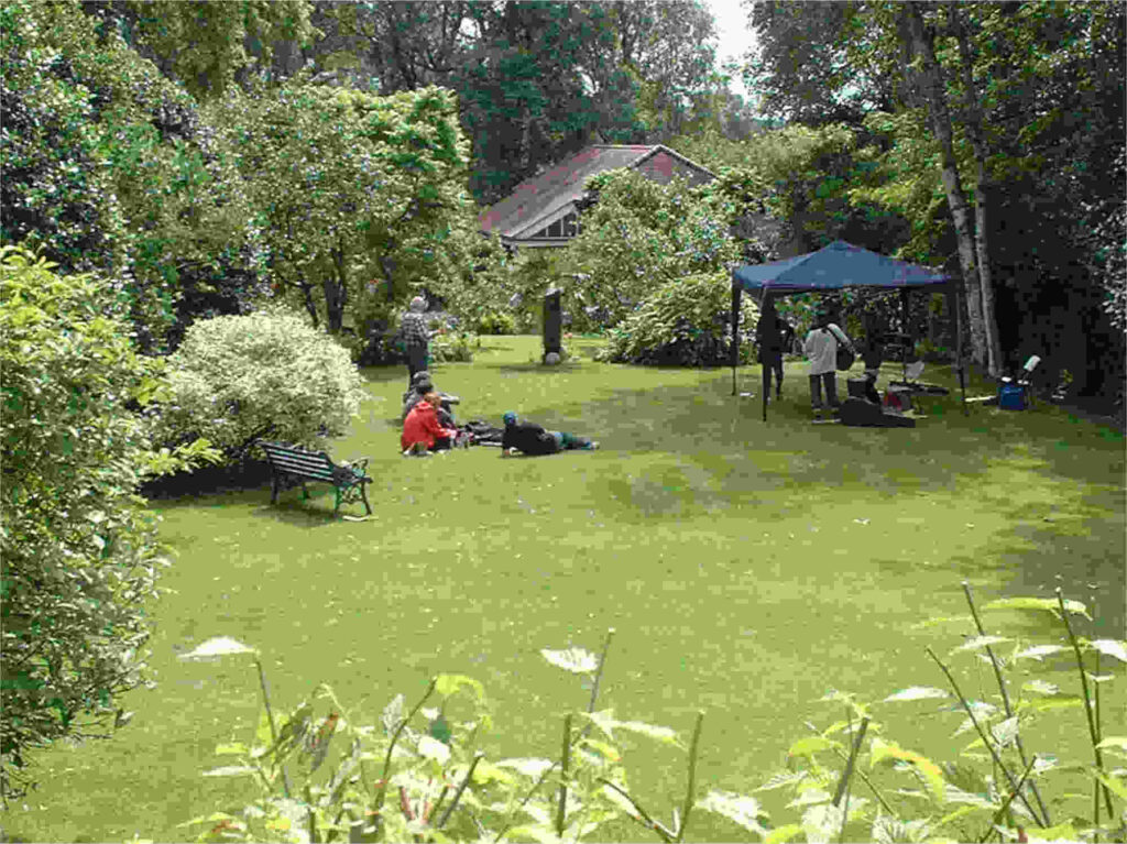 Garden showing musicians preparing to play in a large lawn